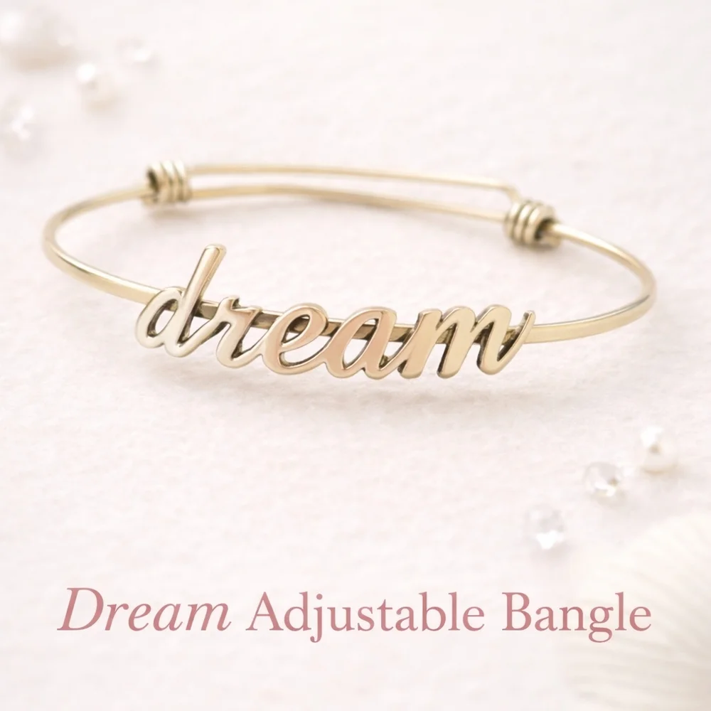 Gold “Dream” Adjustable Wire Bangle | Inspirational Script Bracelet | Minimalist
